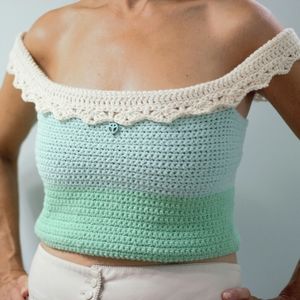 Hand Crafted Hand Crochet Boho Coastal Seafoam Green Off Shoulder Crop Top M